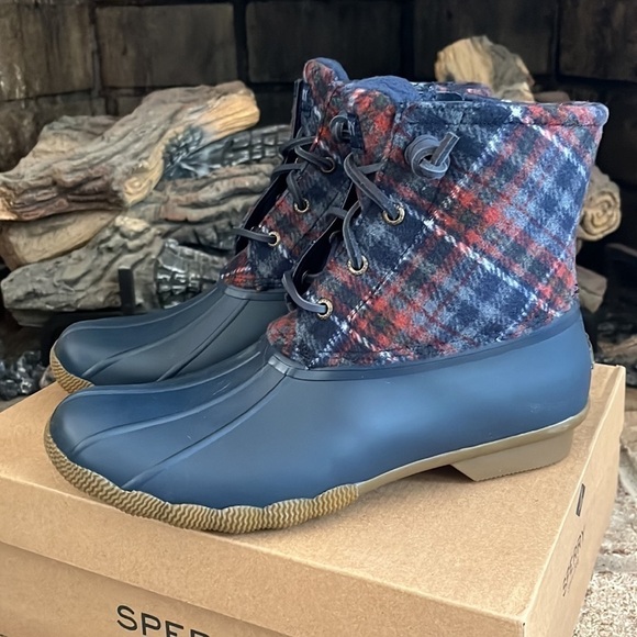 Brand New Sperry Saltwater Wool Plaid Duck Boot Waterproof Blue Winter Rain - Picture 5 of 15